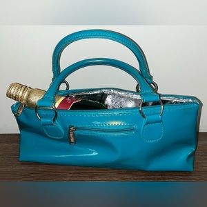 Primeware Insulated Wine Clutch Tote Patent/Vinyl Teal No Corkscrew